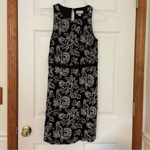 LOFT Black and Cream Floral Midi Dress
